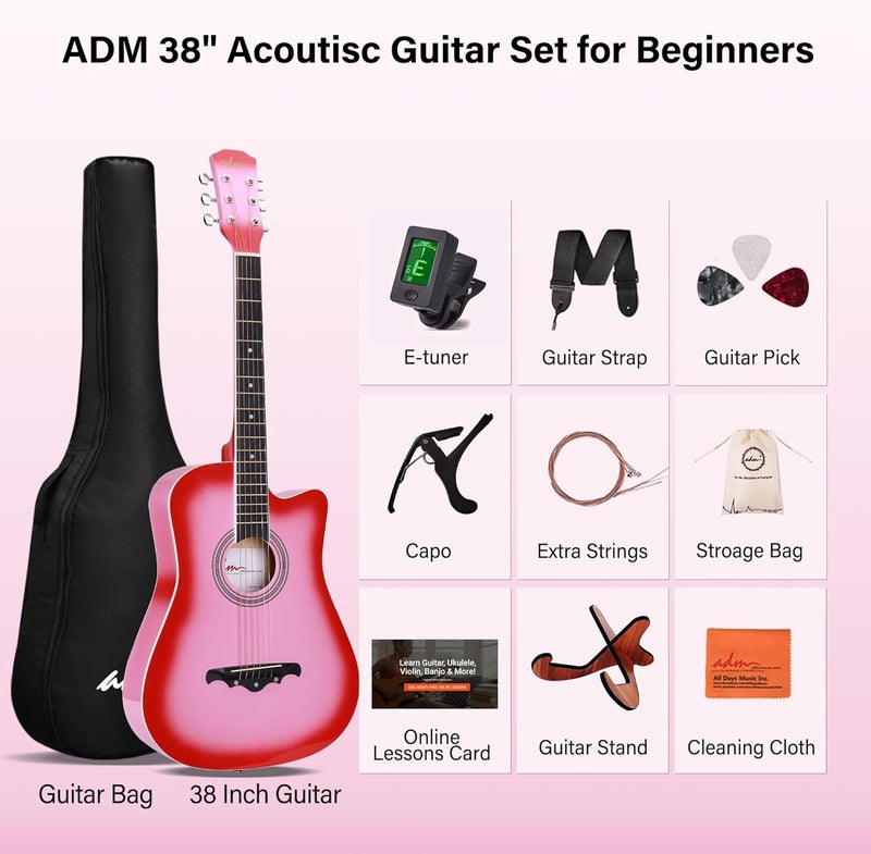 ADM 38" Inch Acoustic Guitar Bundle for Beginners Adults with Online Lesson, Cutaway Wood Acustica Guitarra Starter Set Package with Gig Bag, Strap, Steel Strings, Picks, Capos, Stand, Pink - Image 5